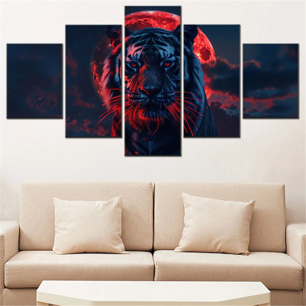 

5 Pieces Canvas Wall Arts Poster Paitning Animals Tiger Red aesthetic Wallpaper Home Decor Picture Printing Interior Artwork