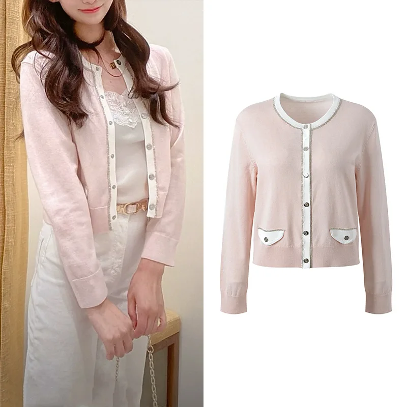 Słodki, odmładzający kardigan z dzianiny, zdobiony diamentami, zapinany na jeden guzik, okrągły dekolt, wyszczuplający top dla kobiet, idealny na jesień.