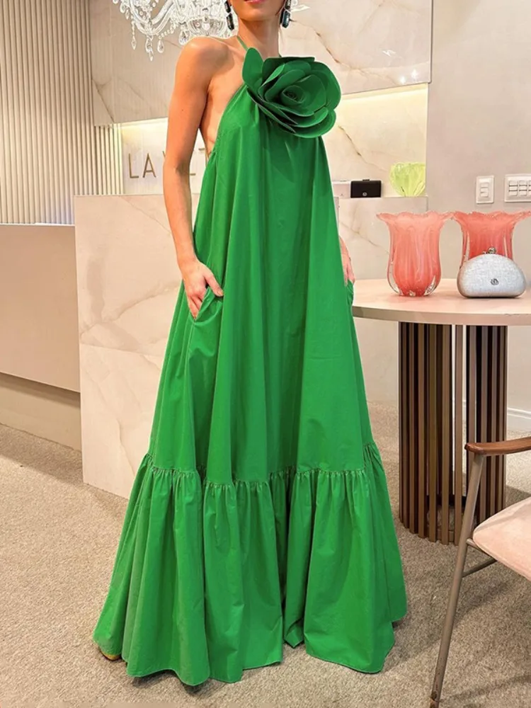 Onecozyday Women's Summer Sexy Backless Spaghetti Strap Dress 3D Floral Split-joint A-line Pleated Maxi Dress Casual Party Dress