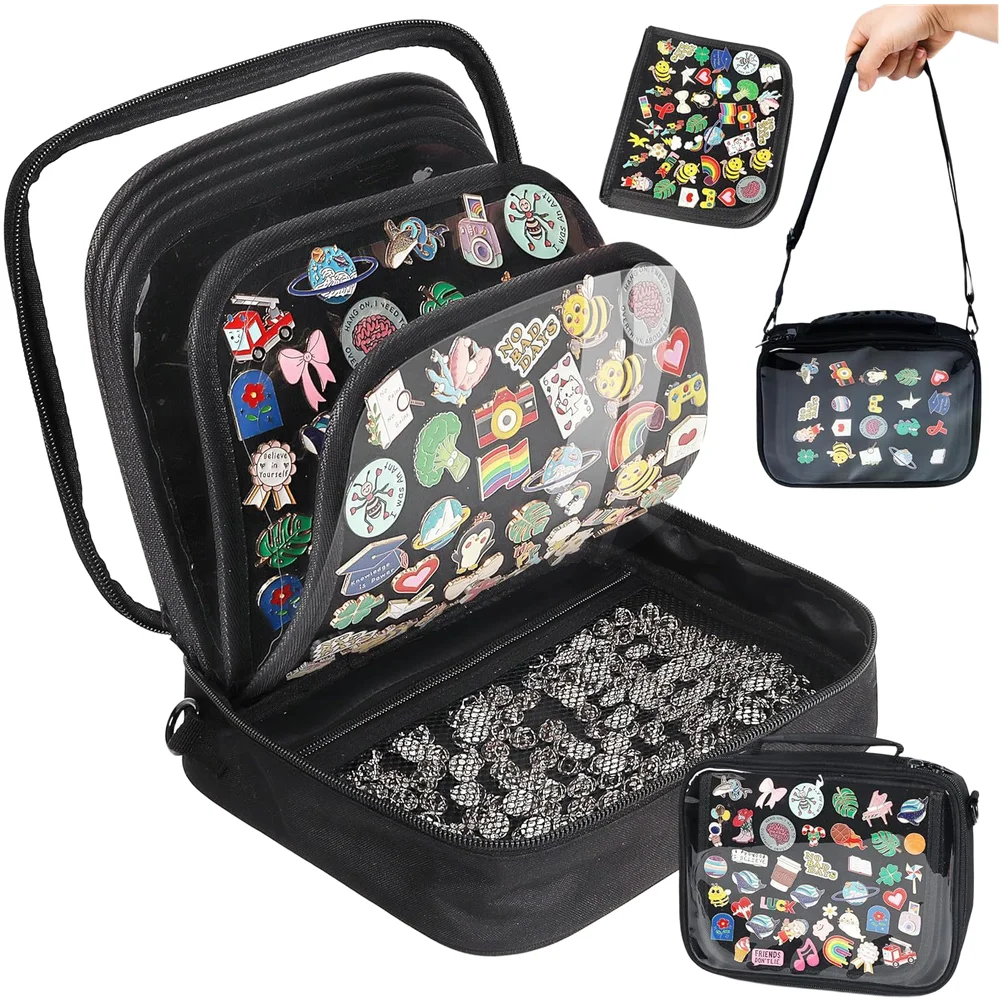 Enamel Pin Storage Display Case with for Clear PP Cover 12 Removable Felt Sheets Water Resistant Design 30x25x11cm