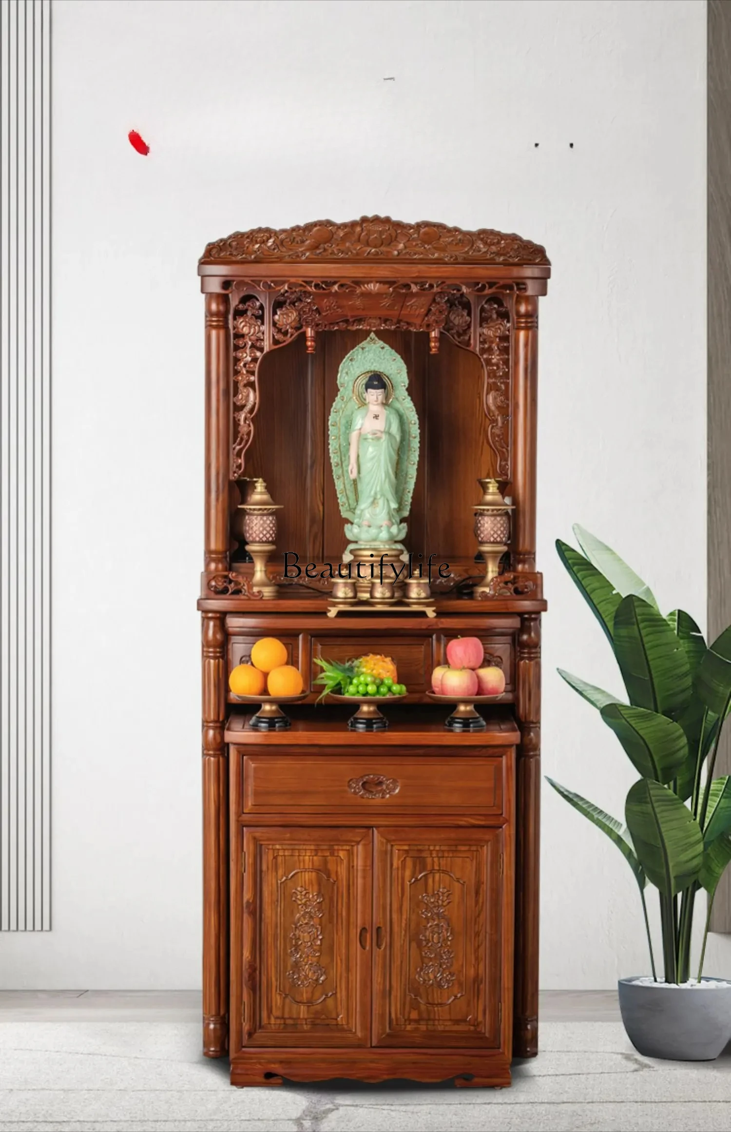

New Chinese style office solid wood carving flower casket set cabinet