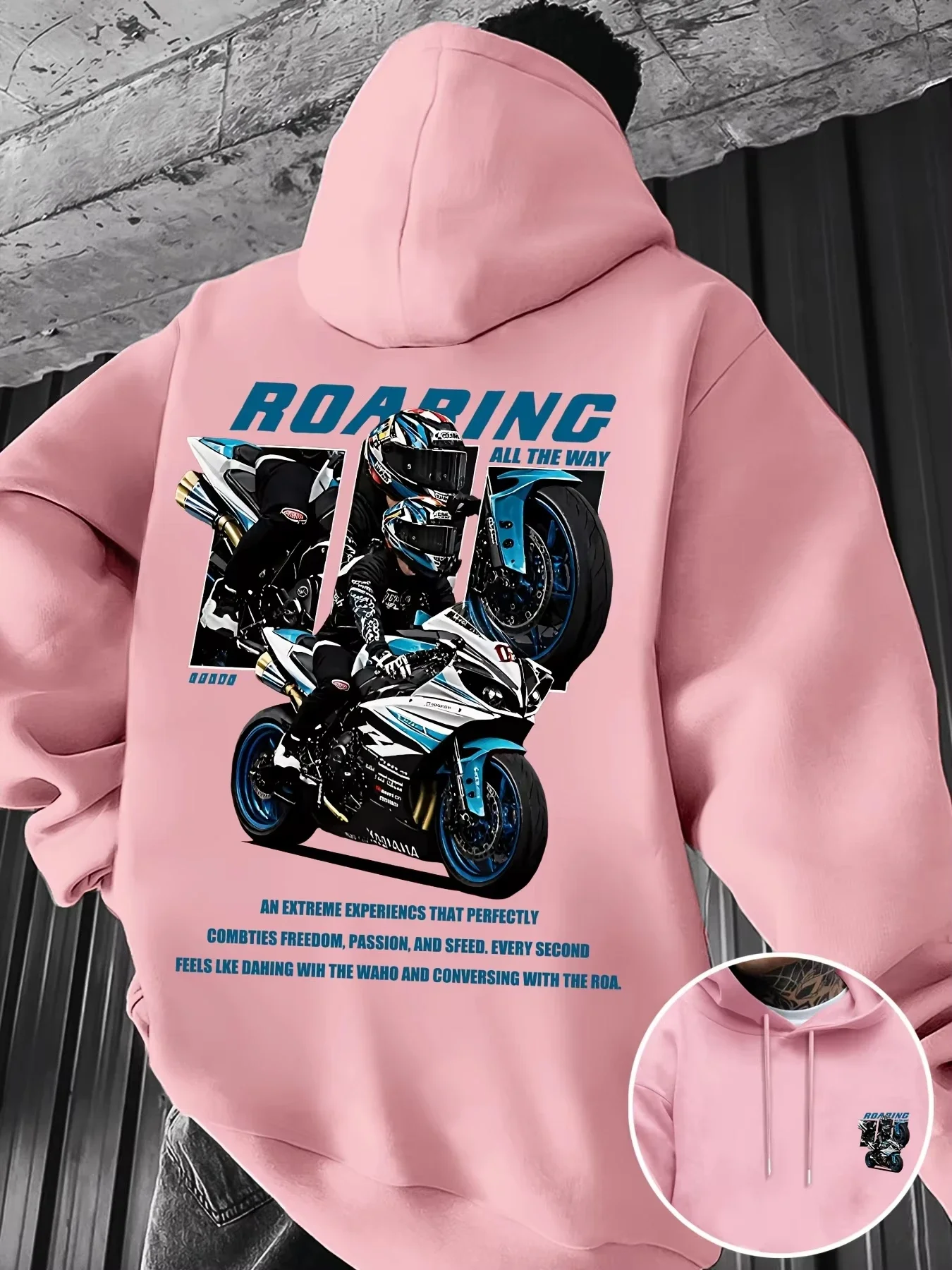 Roaring Biker Back Print Sweatshirt Retro Motorcycle Rider Graphic Hoodie Cool Street Style Autumn Winter Loose Fit Pullover