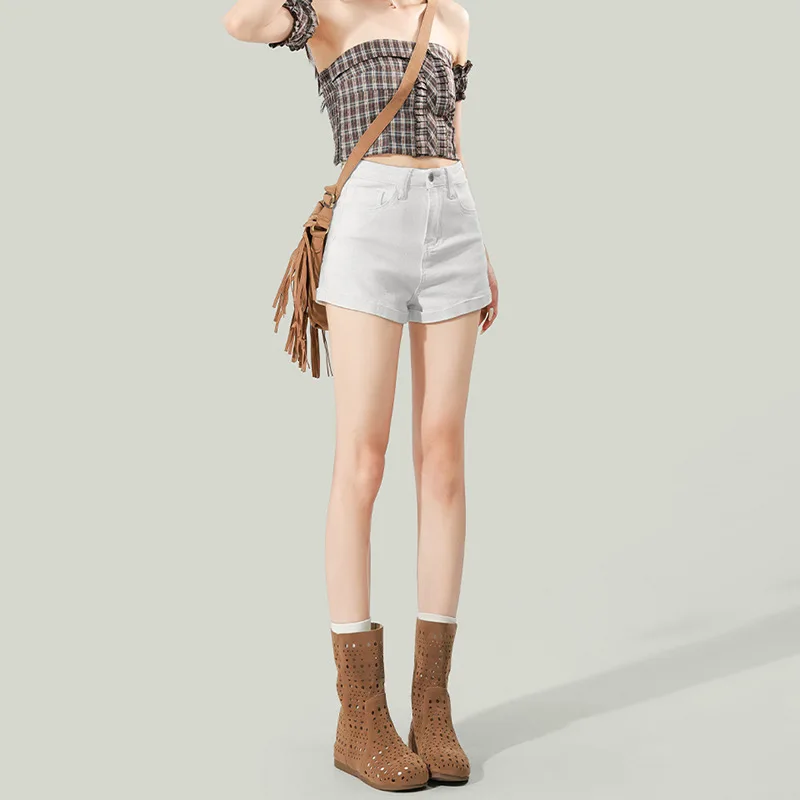 

2025 High Waist White Denim Shorts Women's Spring Summer New Style Elastic Slimming Sexy Hot Pants High Waist Washed Look Shorts