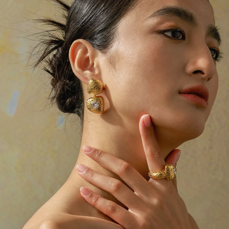 IVOG Hollow Out Zircon Design Earrings For Women Gold Color Hanging Pendant Stud Earrings Fashion Jewelry Gifts