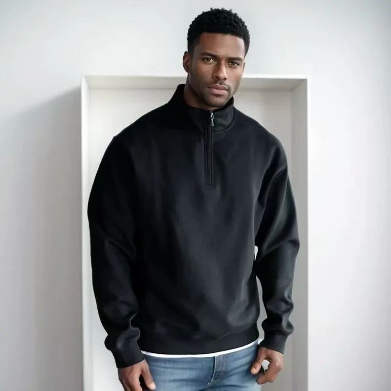 Men Loose Half‑Zip Stand Collar Sweatshirt Autumn Winter Pullover Tops Casual Sports Outerwear For Male Daily Commute Outfit