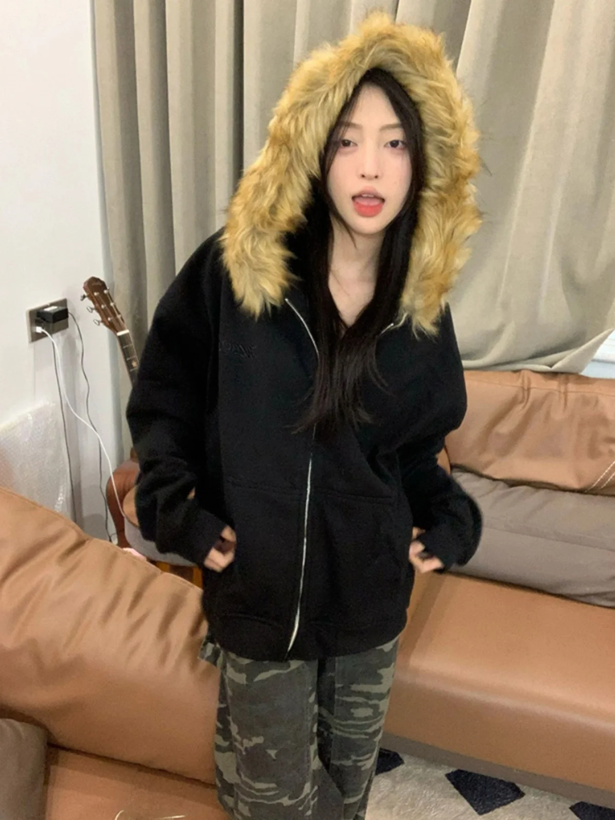 Bla Hooded Jaet Women's Spring Autumn Thin Fur Collar American Retro Open Cardigan Top Street Sle Long Sve Zipper