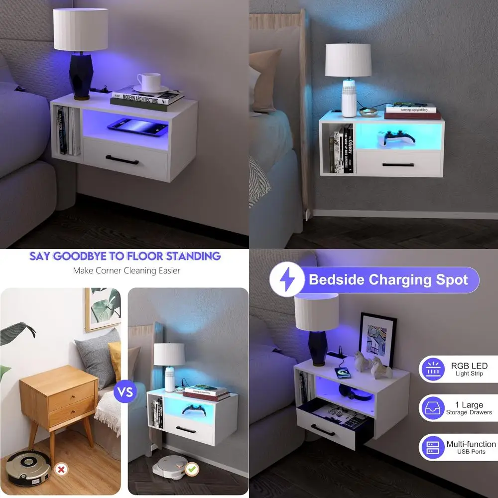 

Навесная прикроватная тумбочка с зарядкой и LED-подсветкой, ящиками для спальни, 21.3x11.8x10, белая