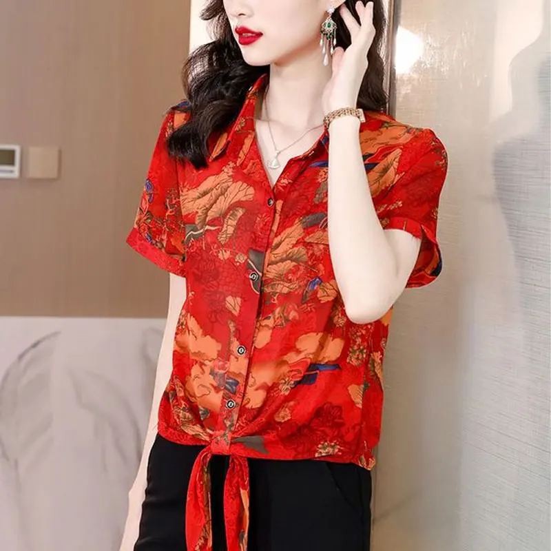 Office Lady Vintage Printed Shirt Stylish Bandage Summer Short Sleeve Single-breasted Female Turn-down Collar Spliced Blouse New