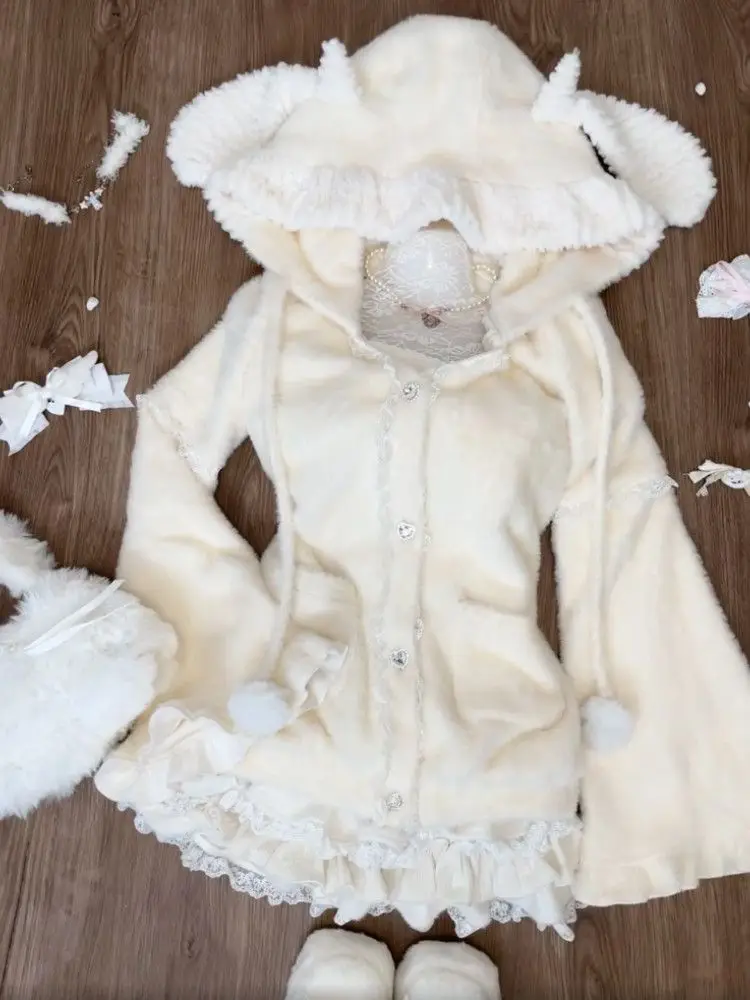 Felpe con cappuccio soffici orecchie di capra Kawaii Chic Cuteore Vestiti da donna Dolce e delicato Spiy Giacca per ragazze Estetica Streetwear Personalità Felpa con cappuccio