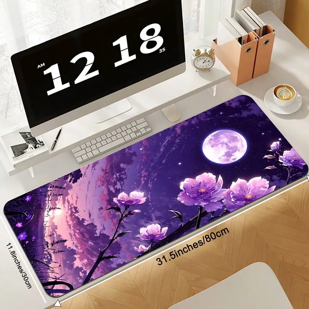 Large Gaming Mouse Pad ,Extra Long Desk Mat WithJapanese-Inspired Purple Flowers,Gaming Keyboard Mousepads Long Desk Pads
