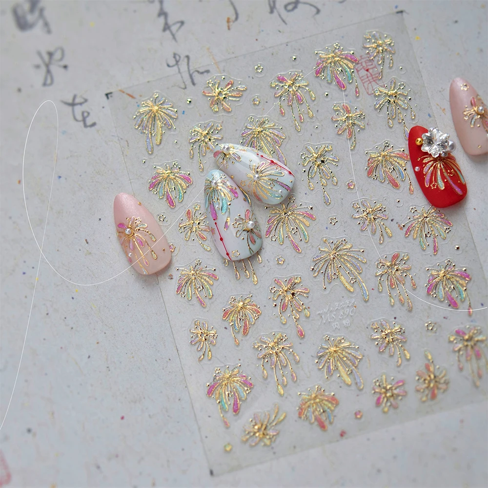 1 Stück 5D Bunte Gelee Glitter Feuerwerk Nagelaufkleber 2025 Neue geprägte Farbverlauf Heißprägung Blüten Y2K Feuerwerk Nagelaufkleber