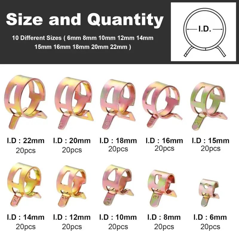 200 Stück 6-22mm Kraftstoffschlauch-Federklemmen Befestigungen Silikon-Vakuumschlauchklemmen Stahldraht-Luftschlauch-Wasserrohr-Clips – Detail 8