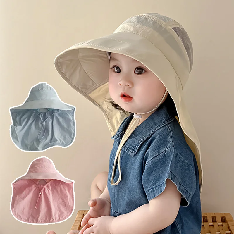 Summer Baby Hat Big Brim Panama Hats with Shawl Beach Travel Sun Cap Quick-Dry Kids Neck Protection Accessories