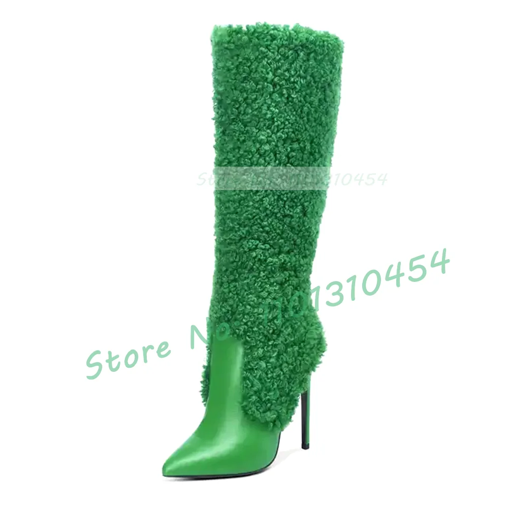 Green Wool Leather Splicing Boots Women Stylish Pointy Toe Knee High Boots Sexy Ladies Stiletto High Heel Side-zipper Dress Shoe