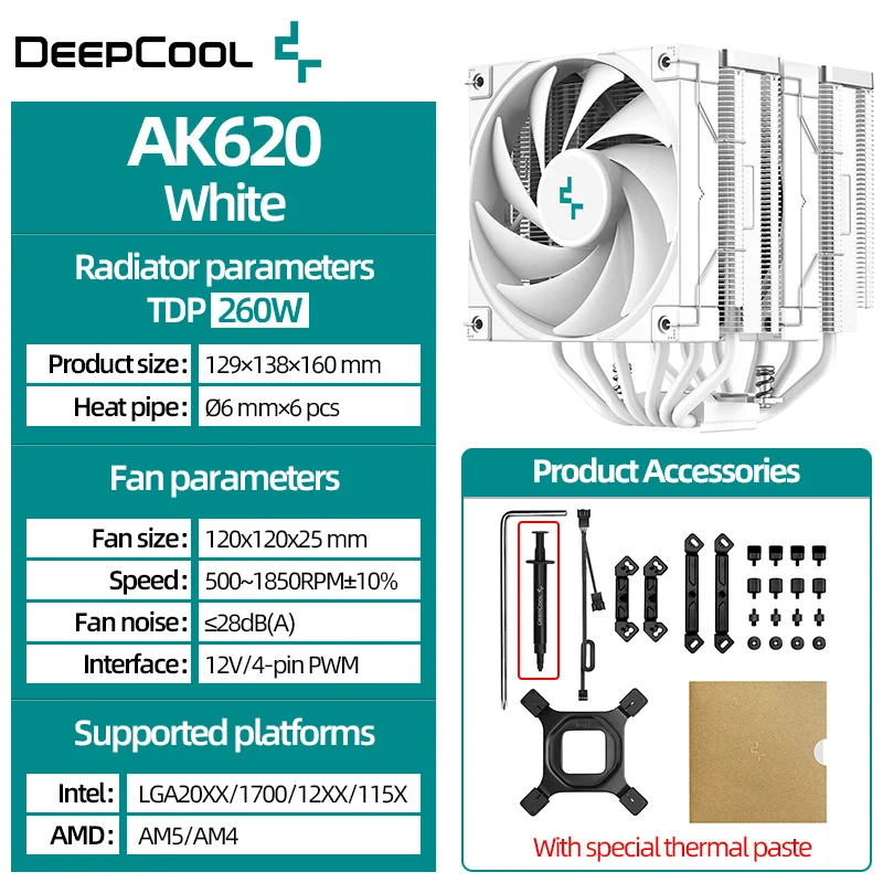 DeepCool AK620 Twin Towers CPU Air Cooler 6 Heatpipes White Dual Cooling Fans Radiator For LGA1700 2011-v3 115X 1200 AMD AM4 AM5