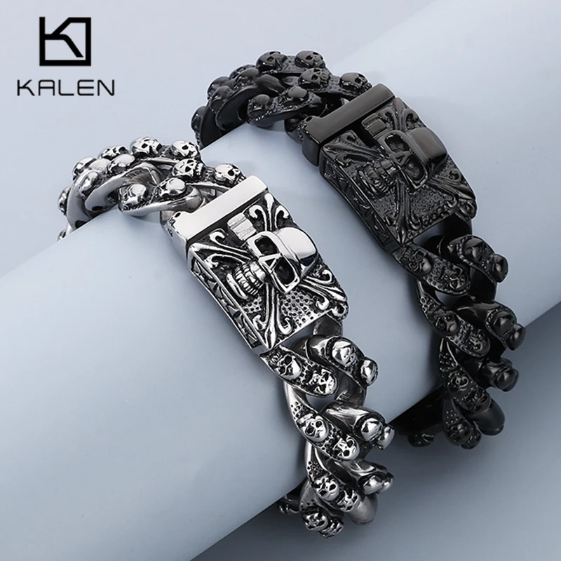 

Domineering Vintage Stainless Steel Skull Men's Bracelet 18mm Personalized Punk Accessories Biker Party Jewelry Male Charms Gift