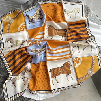 الفاخرة شال حريري وشاح مربع للنساء الحصان طباعة الحجاب موضة يلتف منديل الإناث 70*70 سنتيمتر منديل باندانا فتاة