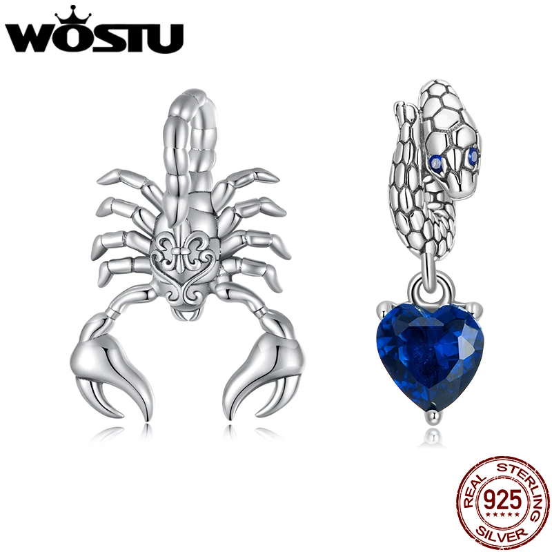 WOSTU 925 Sterling Silver Desert Animals Scorpion Charms Sanke Pendant Heart Bead Fit Original Bracelet DIY Necklace Jewelry