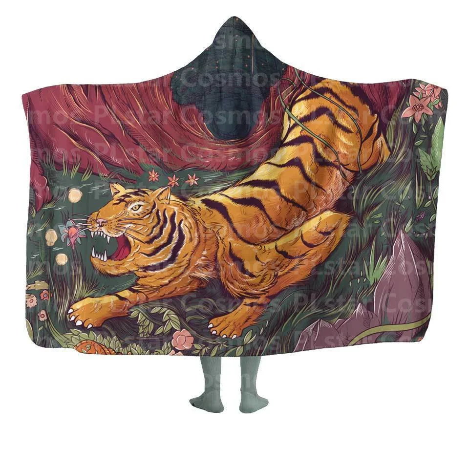 Crouching Tiger Hooded Blanket 3D All Over Printed Wearable Blanket for Men and Women Adults Kids Fleece Blanket