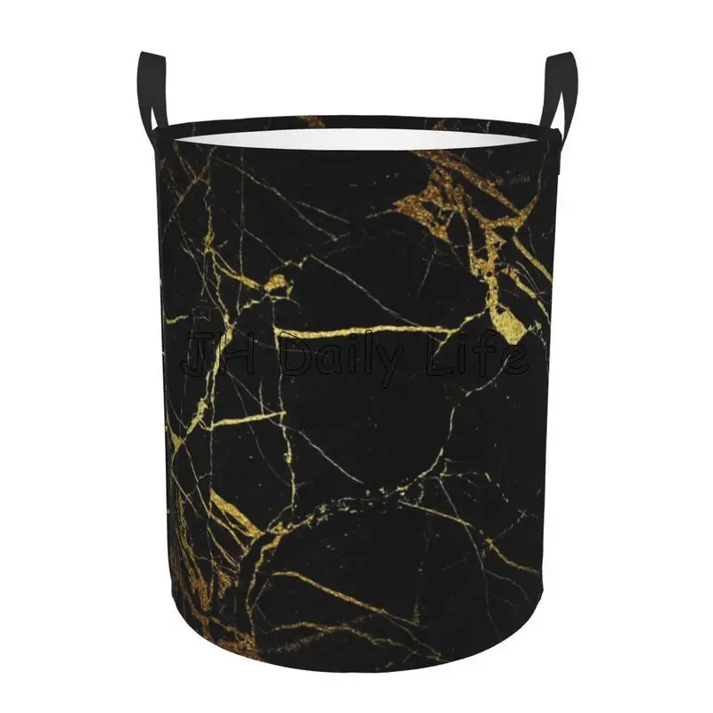 Black Marble Round Laundry Hamper Marbling Texture Storage Basket Toys Clothes Organizer Bin for Home Bathroom Bedroom Dorm