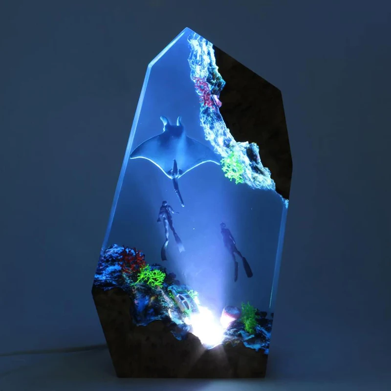 Lámpara de decoración de arte creactivo, luz de mesa de resina de organismo del mundo marino, cueva de buceo, exploración temática, luz nocturna, carga USB