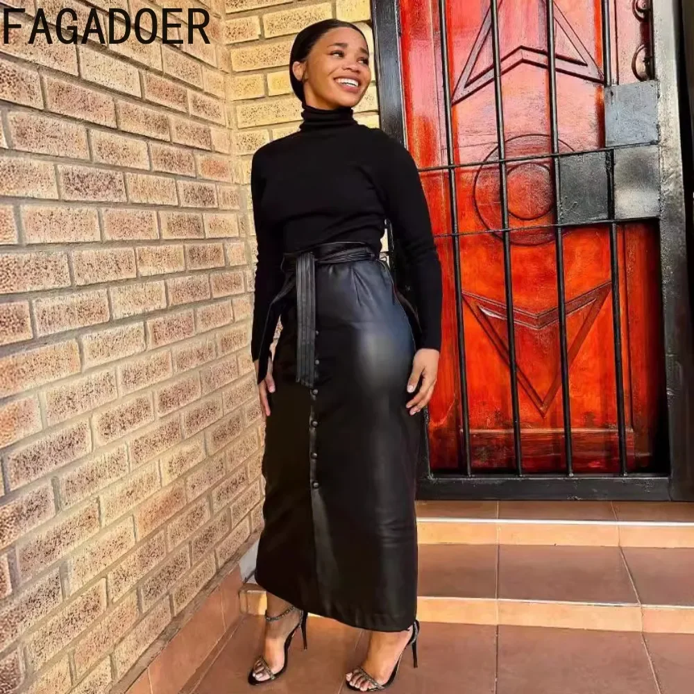 FAGADOER Black Elegant Leather Maxi Skirts Women Bandage Button Skinny Skirts Autumn Winter New Streetwear Bottoms With Belt