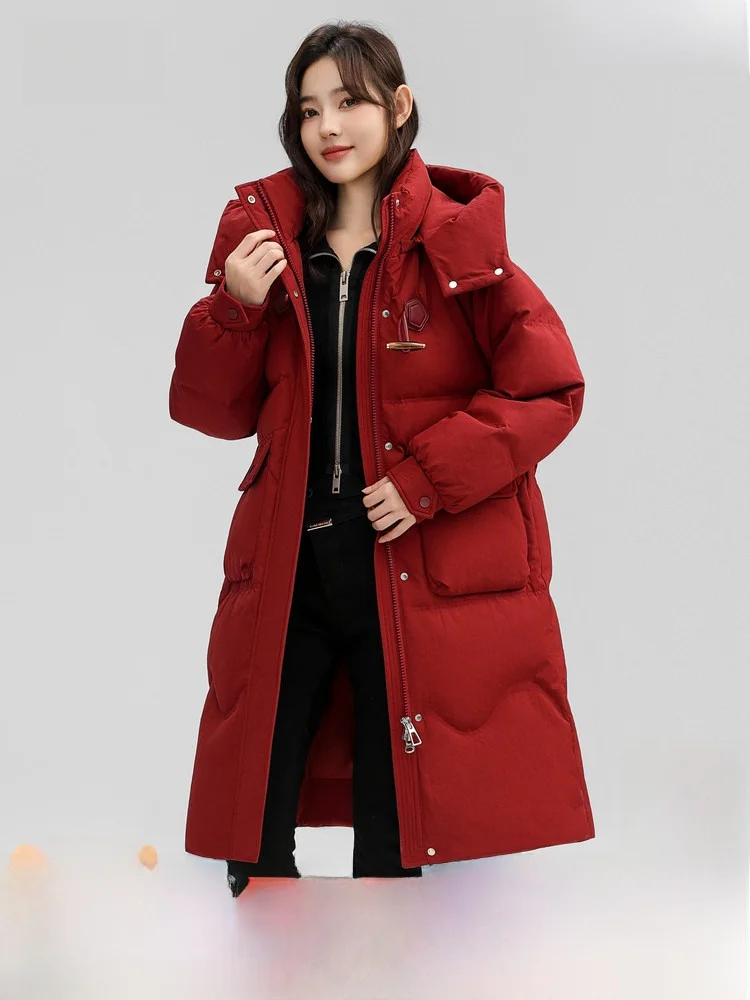 

Snow Flng Women's Mid-Length down Jaet Autumn Winter New Sle Simple Warm Coat with Horn Buttons Knee-Length Red