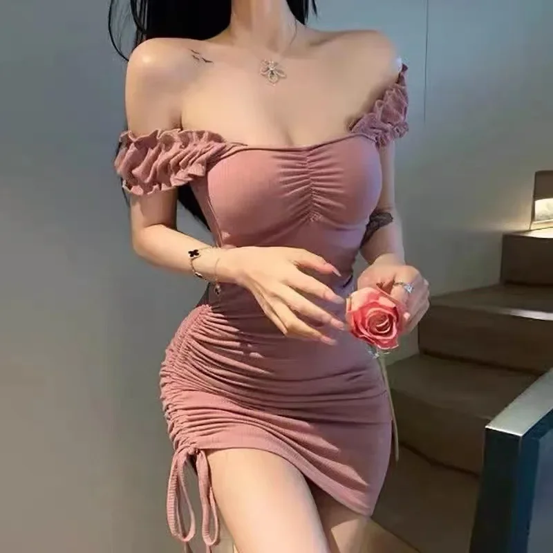 

Women Summer Solid Slash Neck Dress Sexy Puff Short Sleeve Vestidos Y2k Korean Elegant Drawstring Bodycon Party Dresses Платье