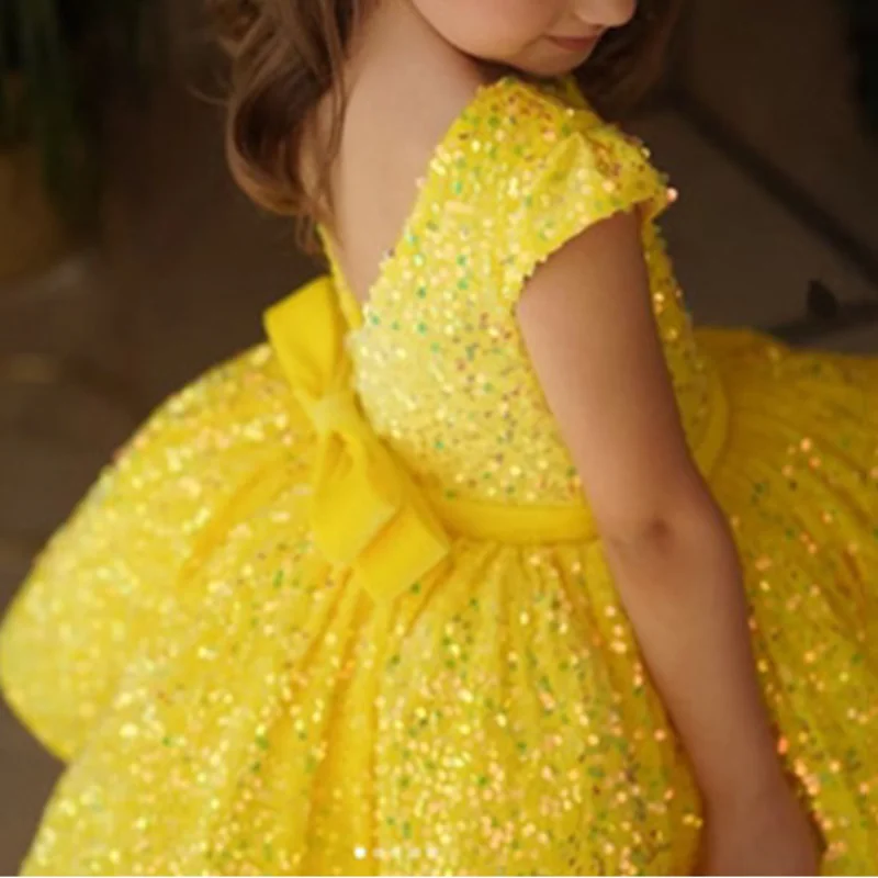 Customized Elegant Sweet Flower Girls Dresses Sequined Ball Gown Princess Vestidos O-neck Short Flying Sleeve Kids Birthday Part