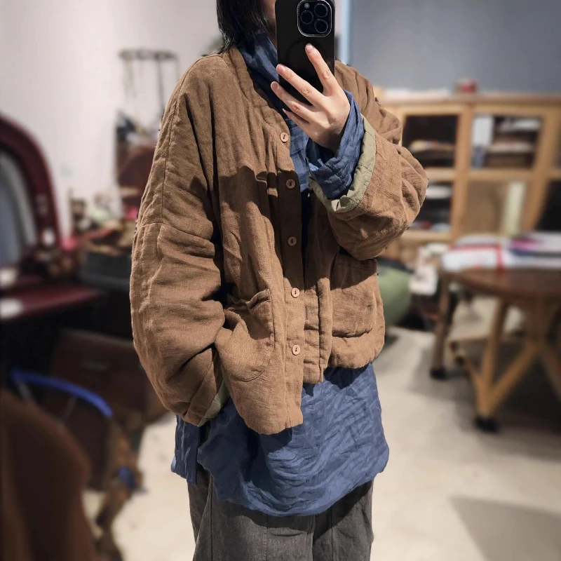 

2025 женские зимние теплые винтажные хлопковые льняные куртки с рукавами-башами, однотонные однобортные свободные парки с длинными рукавами и подкладкой, верхняя одежда