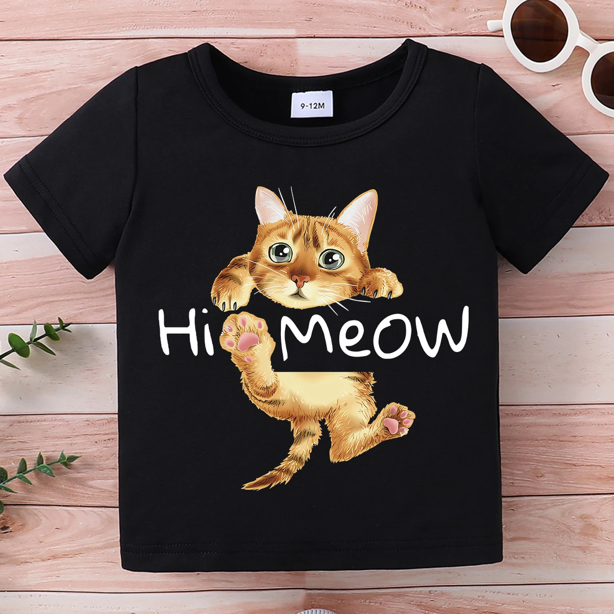 Summer Boys T-Shirt Round Neck Short Sleeve Letter Cartoon Cat Pattern Top Fashion Loose Infant Toddler