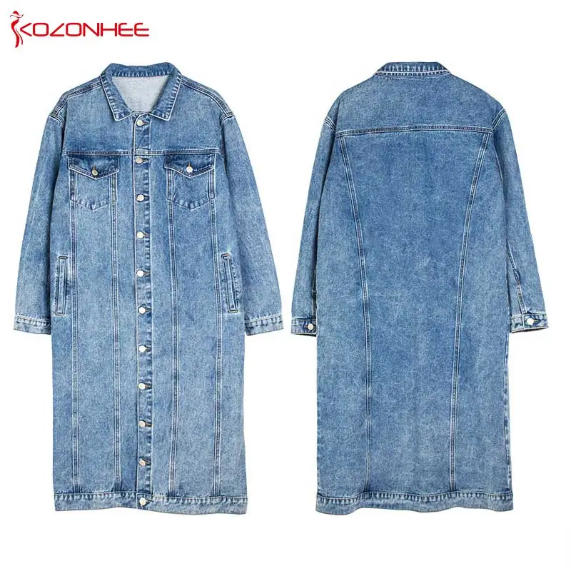 Fashion Blue Inelastic Women Long Denim Trench Coat Women Jeans Coats Casual Pocket Trench Denim Women Vintage Jeans Jacket  #07