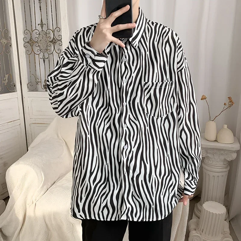 Retro Hong Kong-style zebra pattern shirt men's Korean version ins trendy teen loose long sleeves