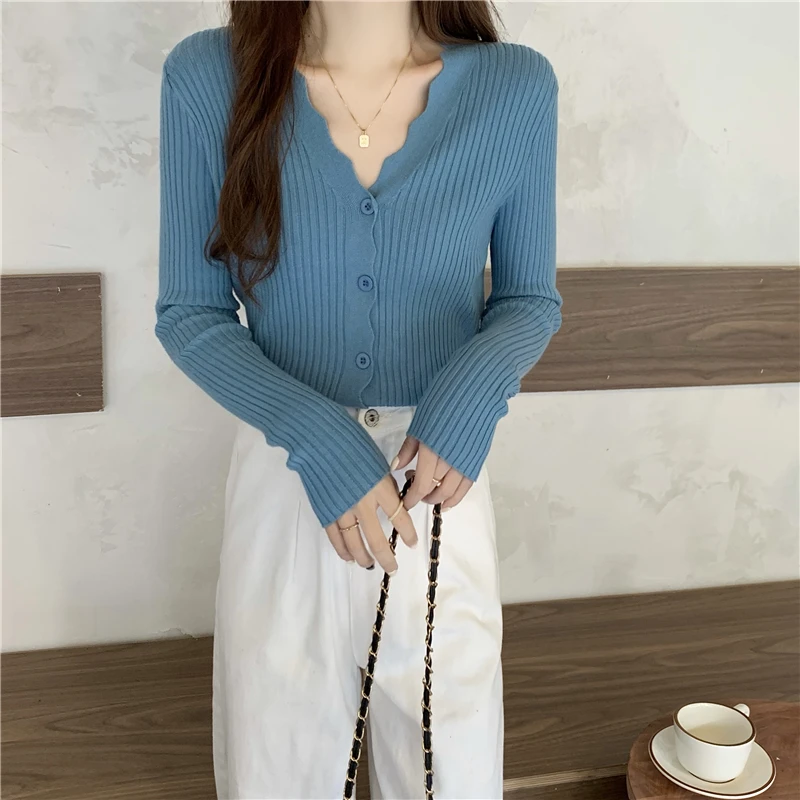 Ribbed Knit Cardigan Sweater for Women Long Sleeve V-Neck Wavy-hem Plain Knit Jacket Teen-girl Fall Winter Basic Outfit