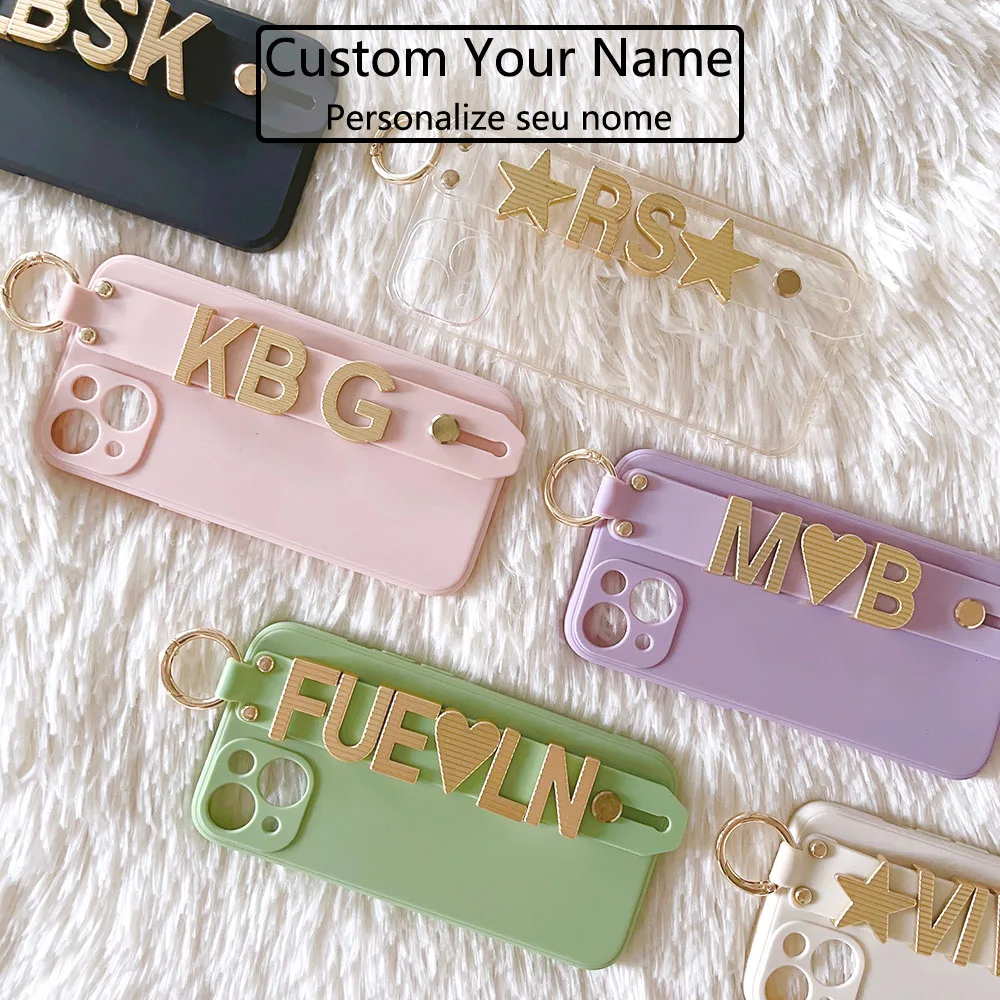 Custom Name Big Metal Charm Letters TPU Phone Case, Personalized Cover, For iPhone 16Pro Max 11 12 13Pro Max 15 Pro Plus Mini