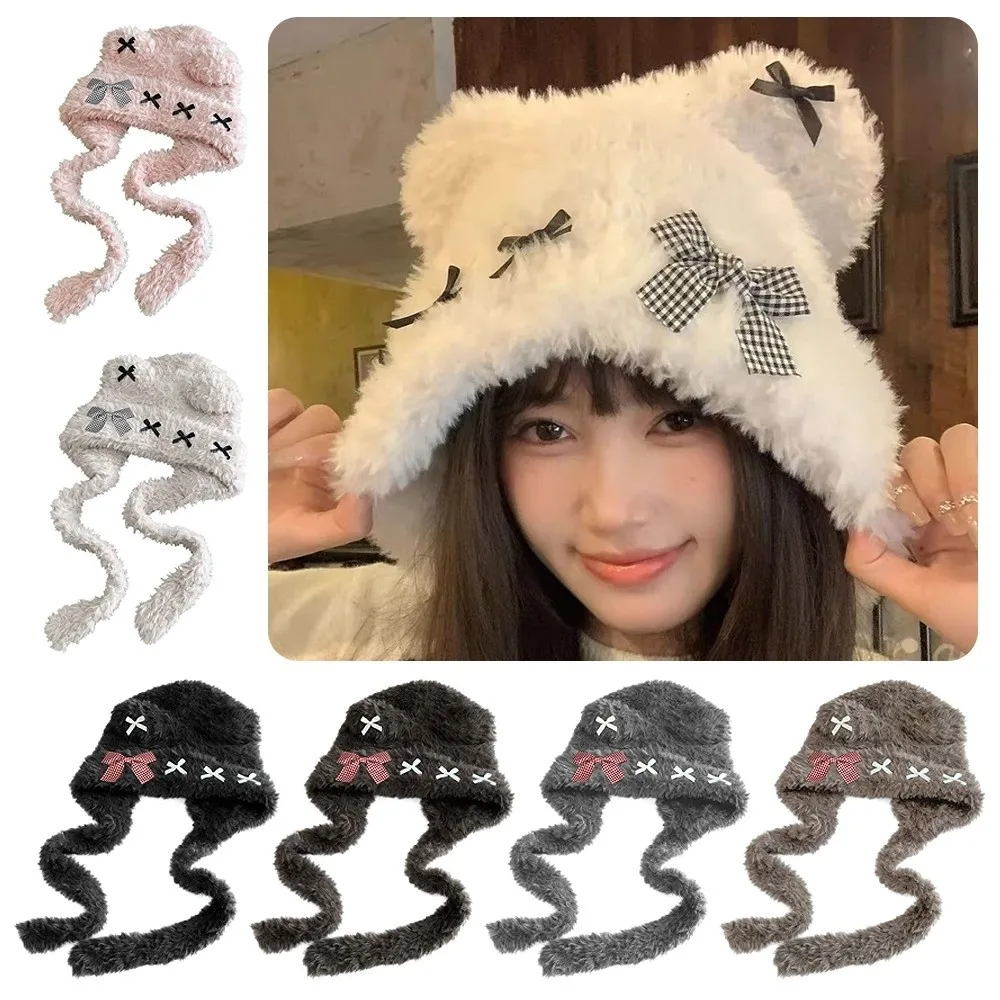 

Милая утолщенная вязаная шапка с медвежьими ушками, теплая мягкая шапка с медведем, морозостойкая защита ушей, наушники с бантом, зимний сезон, женская одежда