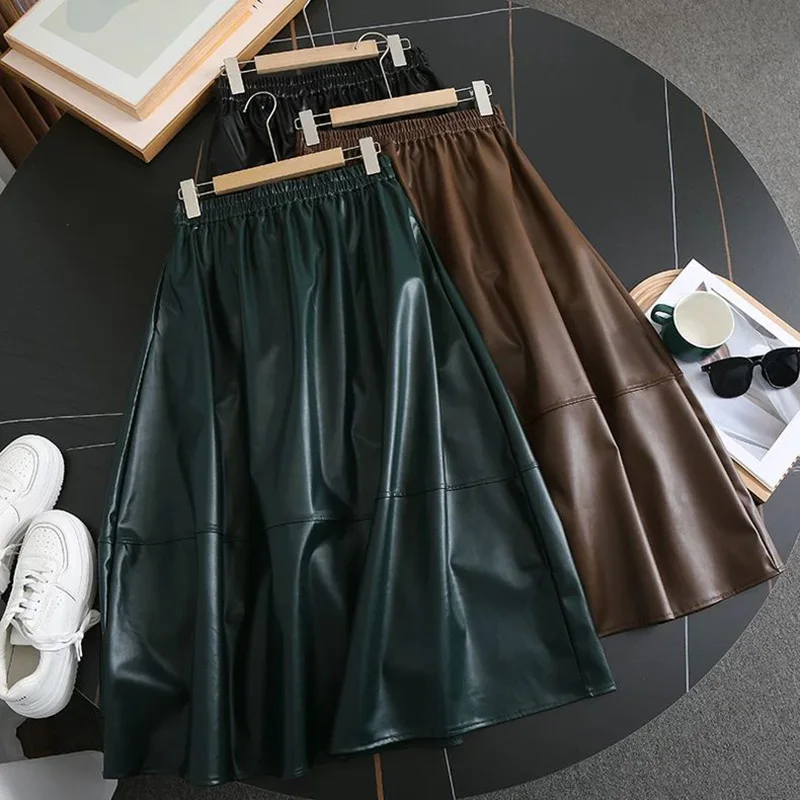 Pu Leater Harajuku Chic Skirt Women Fashion Y2K High Waist Loose Skirt Casual Streetwear Pocket Pretty Style Solid Elegant Skirt