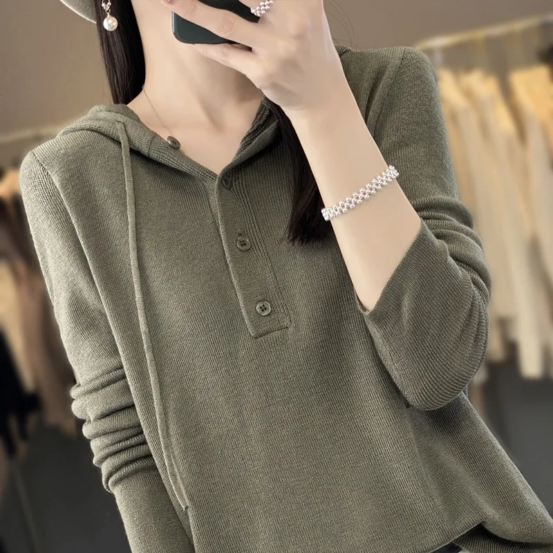 Button Hooded Early Spring New Blouse Women's Spring and Autumn Vintage Top Versatile Design Hoodie