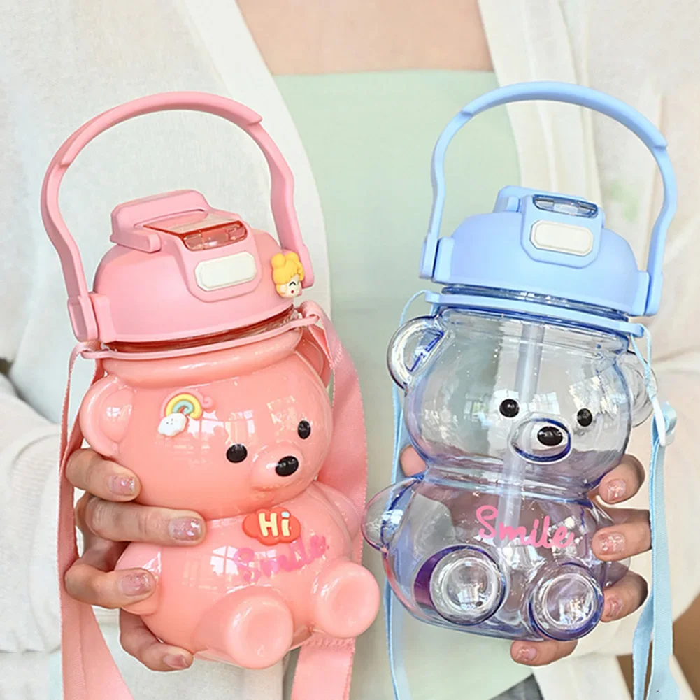 1000ml Kawaii Bear Water Bottle Cute Kids Student Girls Straw Drinking Cup