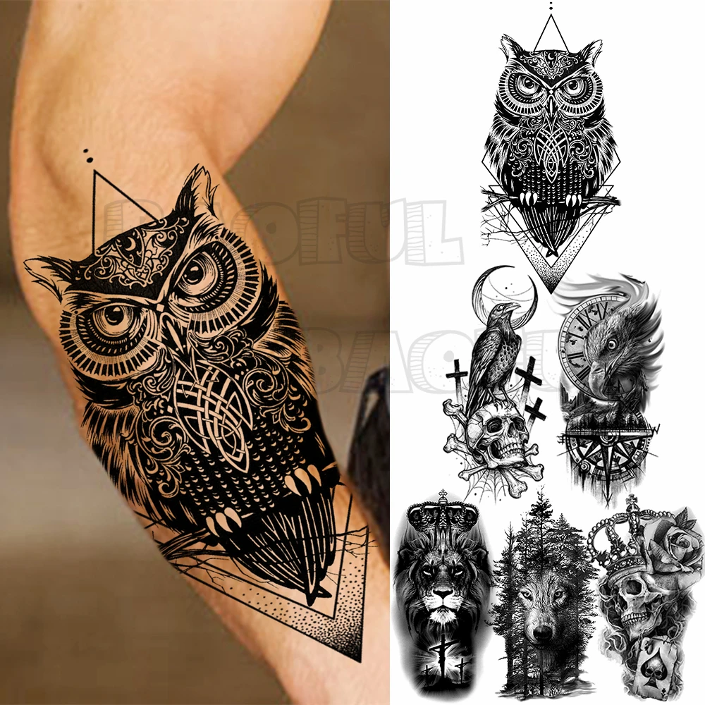 

Geometric Owl Animal Temporary Tattoo For Men Women Realistic Fake Eagle Lion Wolf Skull Tattoo Sticker Forearm Waterproof Tatoo