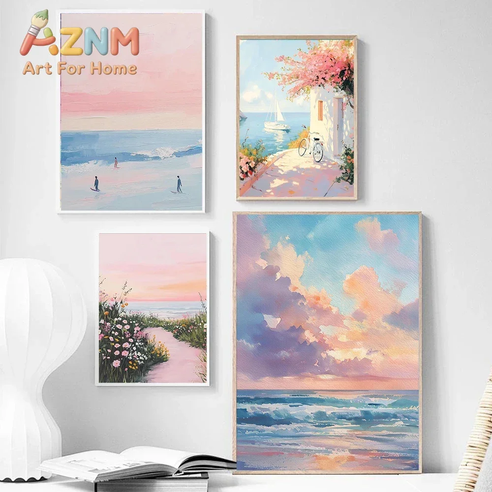 Soft And Beautiful Sunset Ocean Summer Sea View Art Poster Canvas Oil Paint Print Villa Living Room Sofa Background Wall Decor