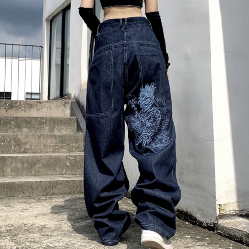 

2021 new casual women waist street loose embroidered straight-leg jeansmopping wide-leg trousers all-match highAmerican retro