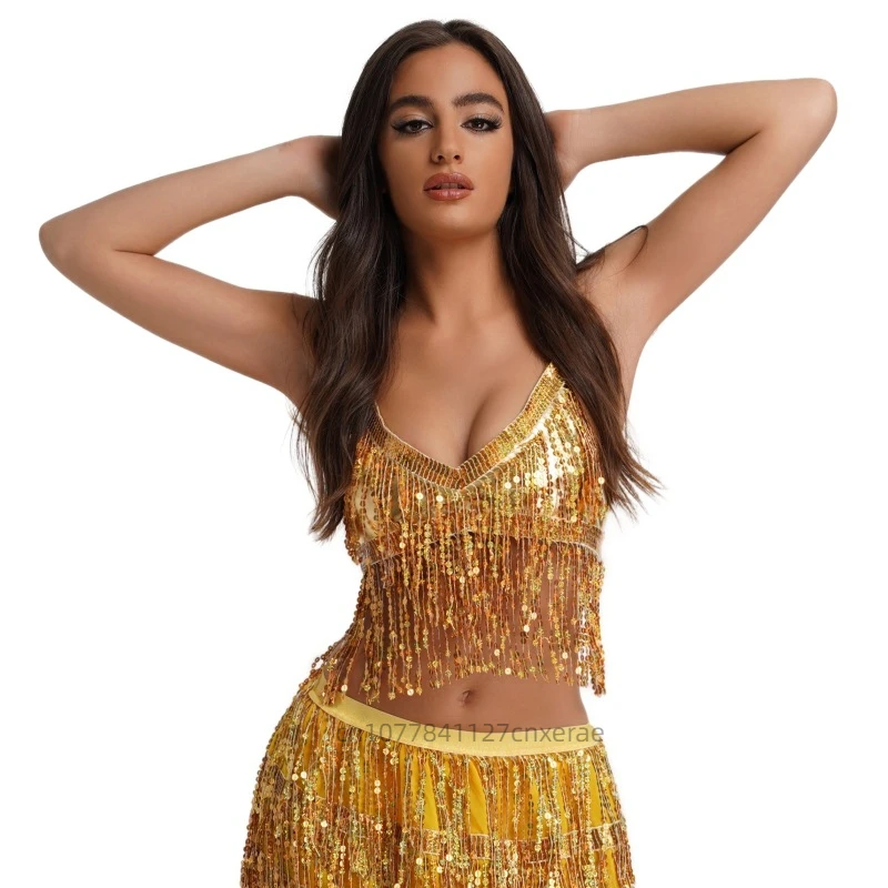 Top di danza del ventre, top di performance con paillettes europee e americane di Halloween, top con frange di danza del ventre per feste sul palco