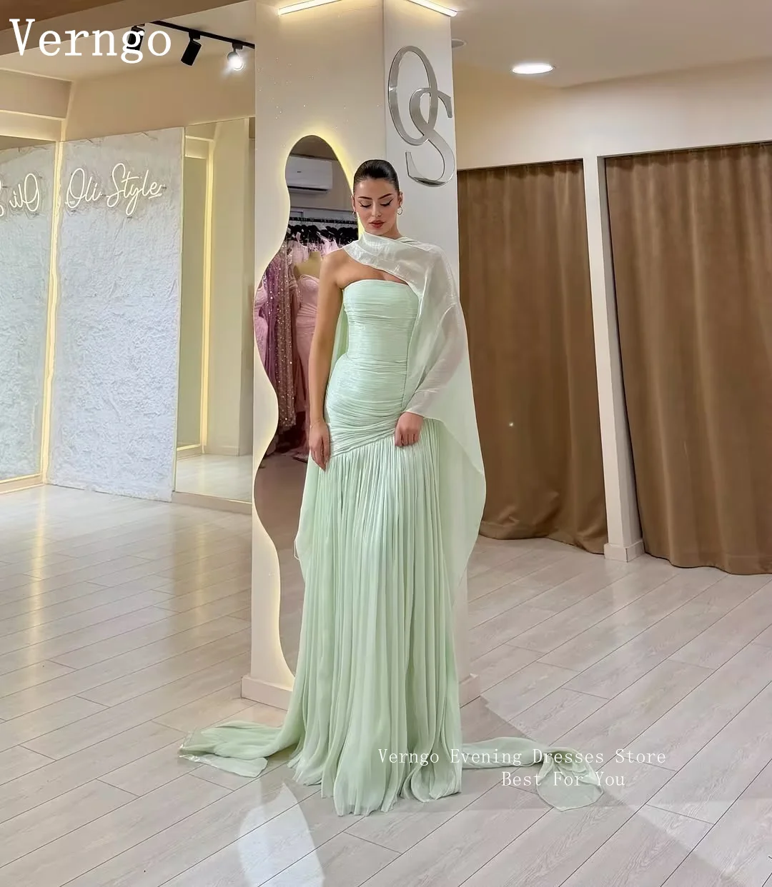 verngo evening dresses store Verngo Luxury Olive Green Evening Dress Elegant Strapless A Line Prom Dress  Flowing Hand-pleated Silk Party Dress Customized
