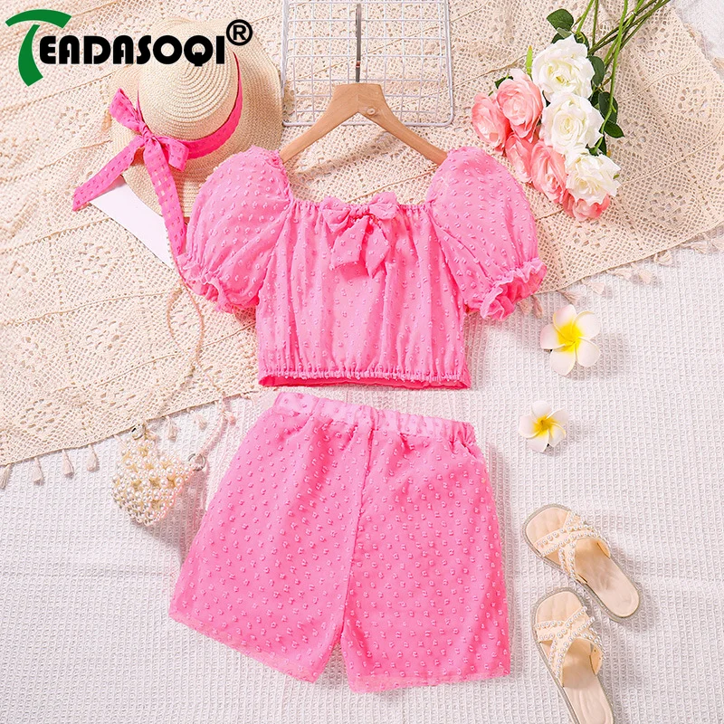 8-12Y Children Girls Clothes New Summer Suit Short Puff Sleeve Jacquard Prints Top+Elastic Shorts Pants Casual Kids 2Pcs Set