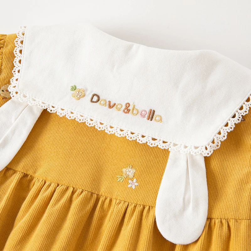 Dave Bella Girls Cotton Dress Girls Autumn Dress Kids Sweet Cute Dress Children Casual Yellow Dress 2-7 Years DB3223497