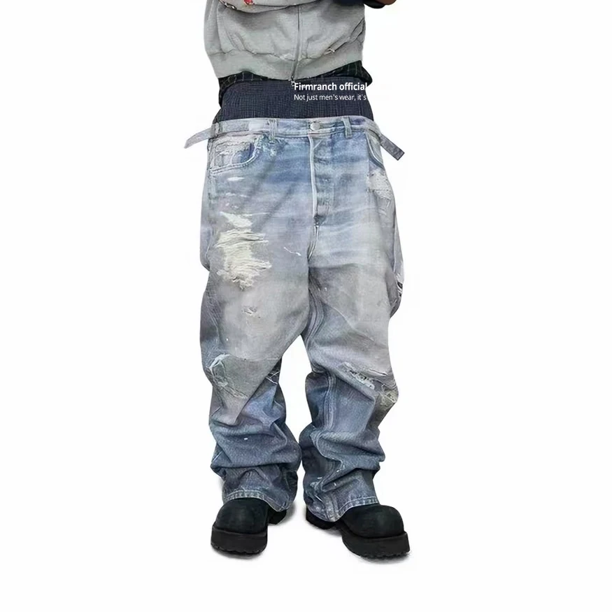 Firmranch New Korean Fashion Fake Two-Piece Double Waist 3D Digital Print Jeans For Men Women Loose Fit Trendy Denim Pants