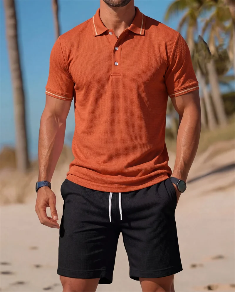 Men's two-piece suit Short Sleeve Polo Shirt + Drawstring Shorts Set Casual Summer  Breathable Beach Tracksuit Daily Wear view 4
