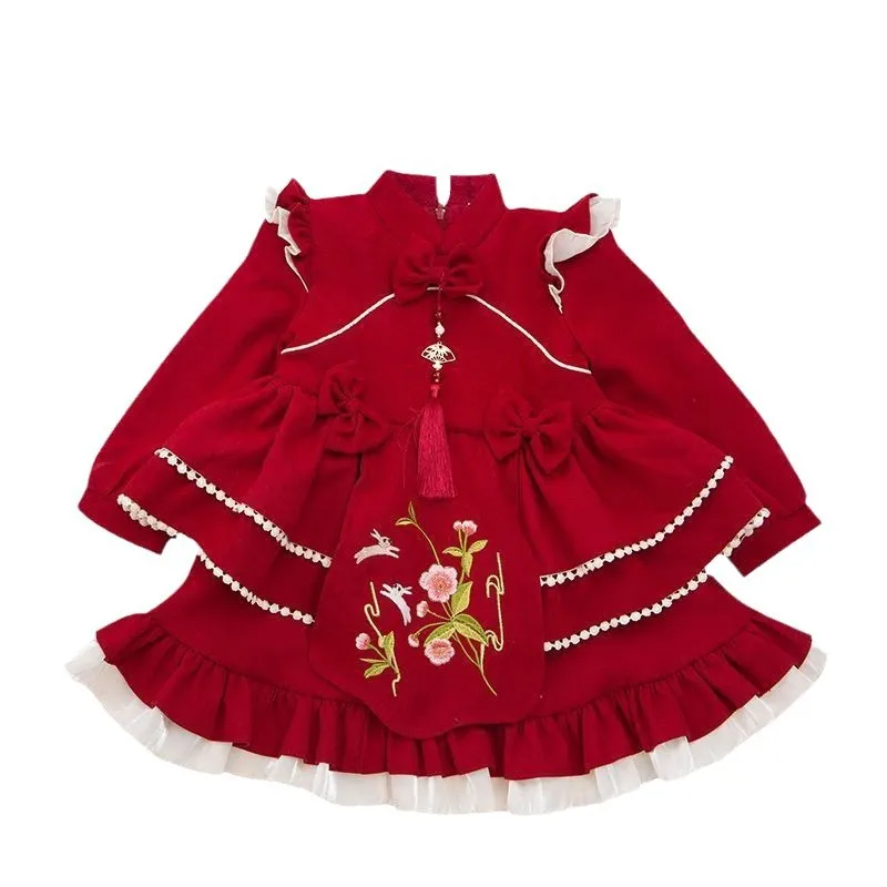 Girls Dress Autumn and Winter Fleece-lined Princess Dress Baby New Chinese Festive Birthday Dress New Year Clothes