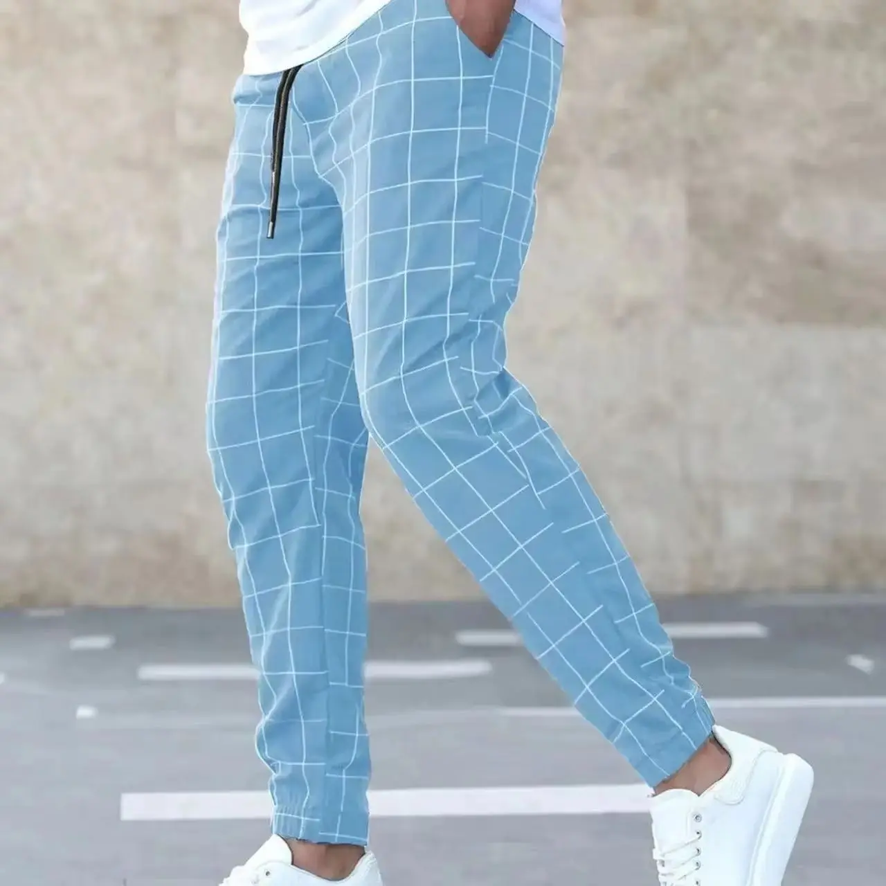

2025 Spring and Summer New Fashionable Trendy Men Drawstring Pocket Checkered Casual Pants Outdoor Sports Running Large Pants